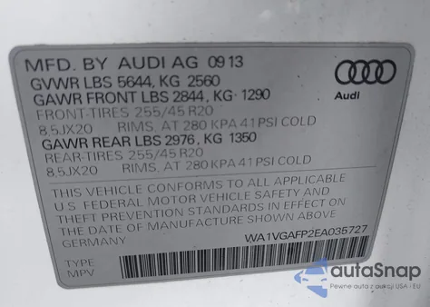 2014 Audi Sq5 3.0T Premium Plus from USA, damaged, VIN WA1VGAFP2EA035727